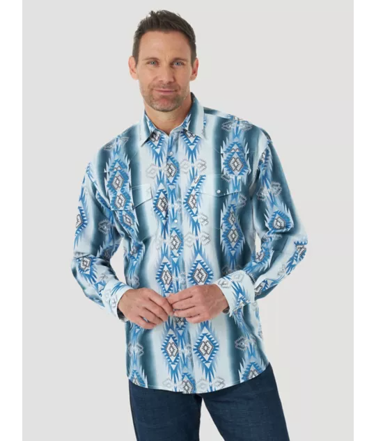 Front view Wrangler | Checotah Blue/White Aztec Print LS Shirt