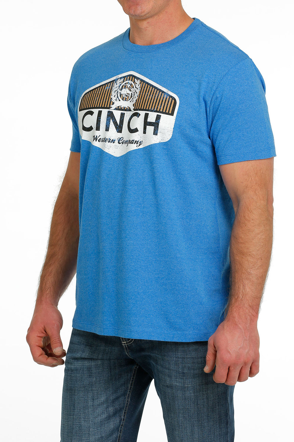 3/4 view Cinch | Heather Blue Logo T-Shirt