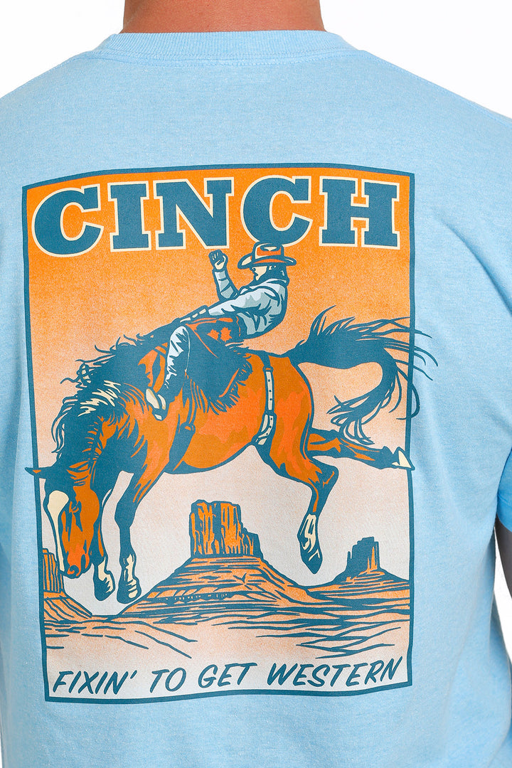 Close detail of broncbuster screenprint graphic Cinch | Heather Blue Broncbuster Tee