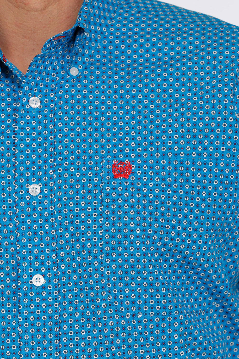 close view print and pocket Cinch | Blue Flower Print LS Shirt