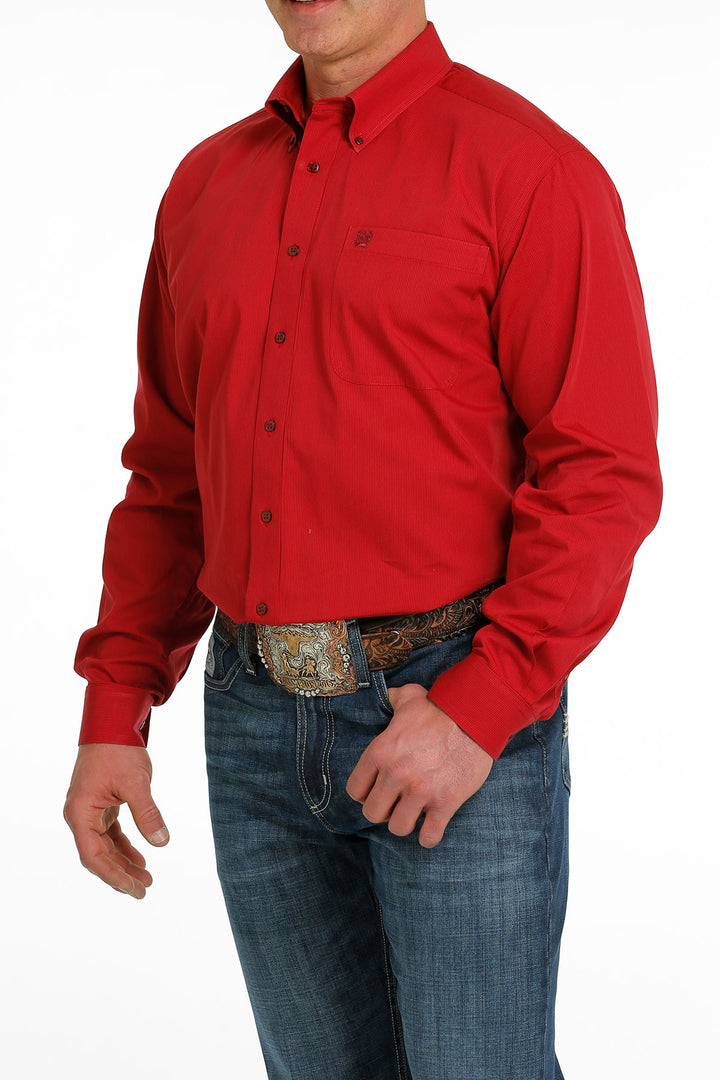 3/4 view Cinch | Red Striped LS Classic Shirt