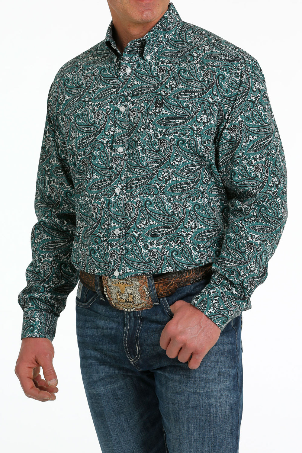 Side View Cinch | Teal Paisley LS Classic Shirt