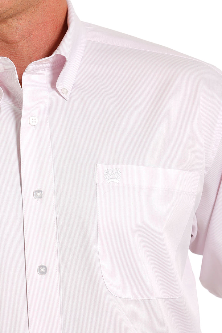 Front pocket detail Cinch | Cradle Pink Tencel Striped Classic LS Shirt