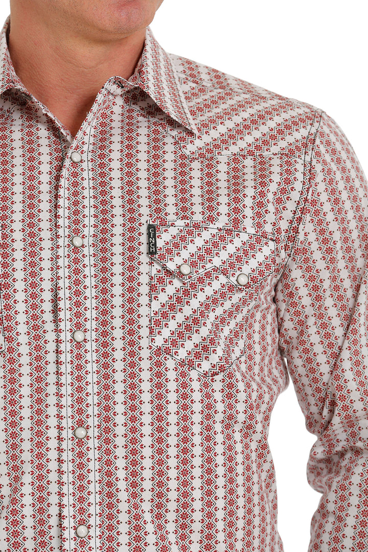 Pocket View Cinch | White Striped Modern Fit Print LS Shirt