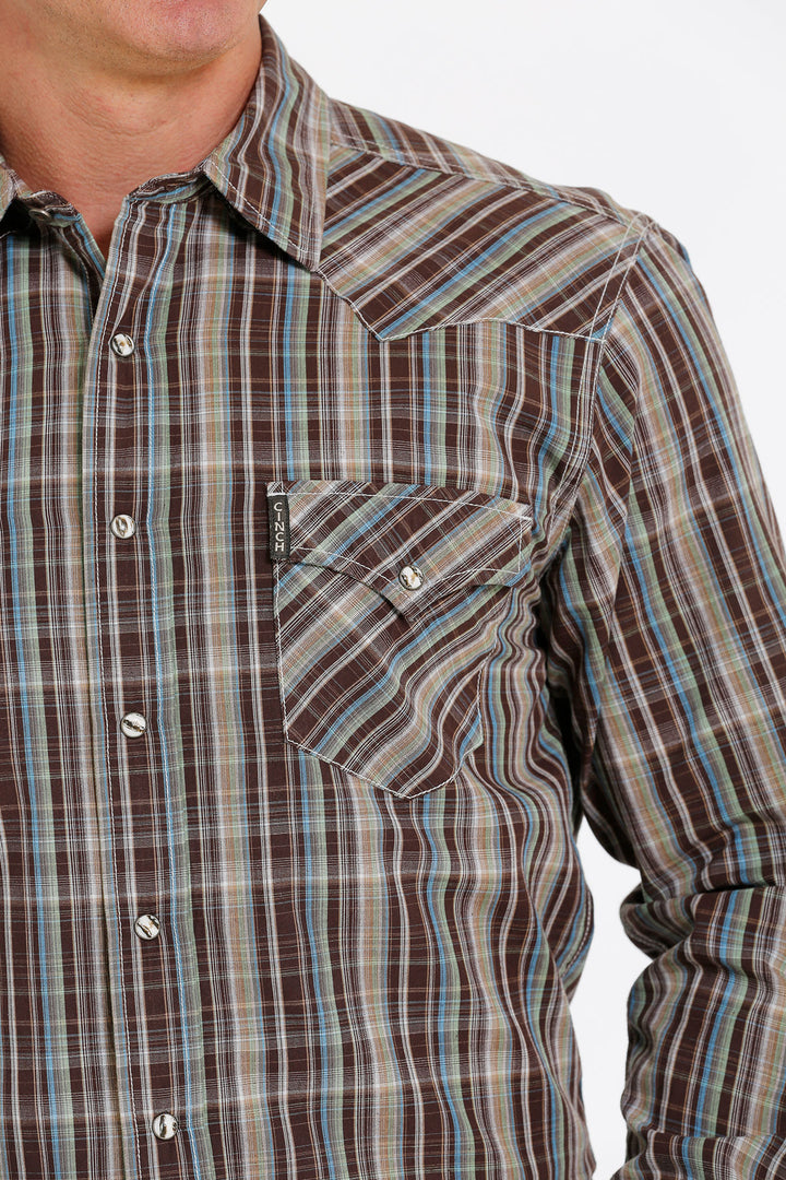 Close pocket detail Cinch | Brown Plaid LS Modern Fit Shirt
