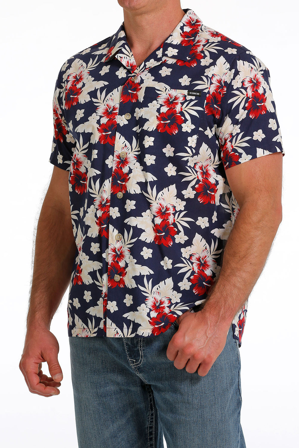 3/4 view Cinch | Navy Hawaiian Camp Shirt