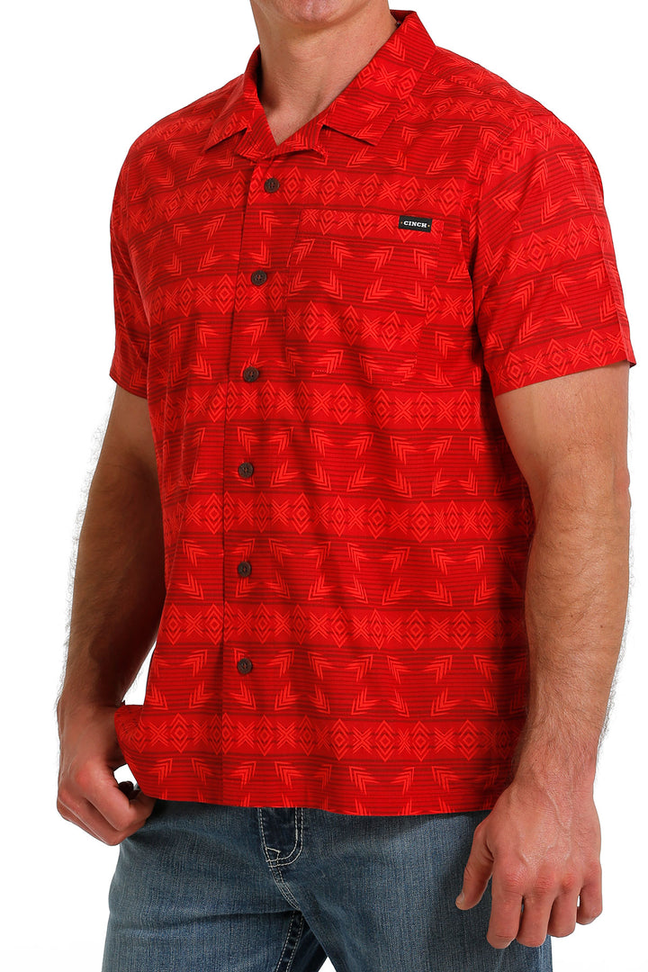 3/4 view Cinch | Red Southwest Print Camp Shirt