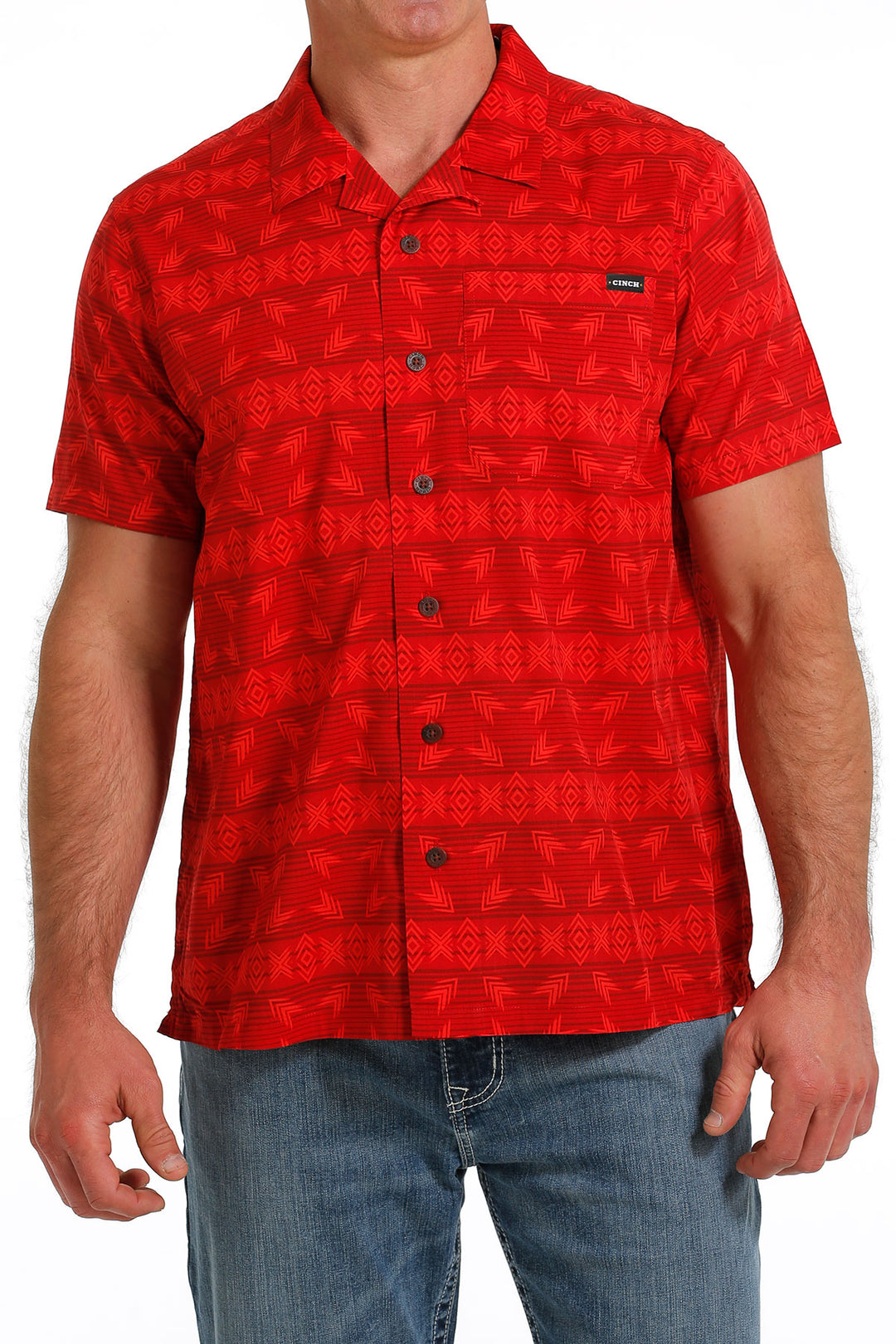 Front view Cinch | Red Southwest Print Camp Shirt