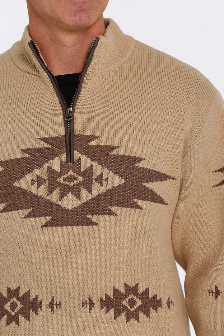 Close Up View Cinch | Khaki 1/4 Zip Pullover Sweater