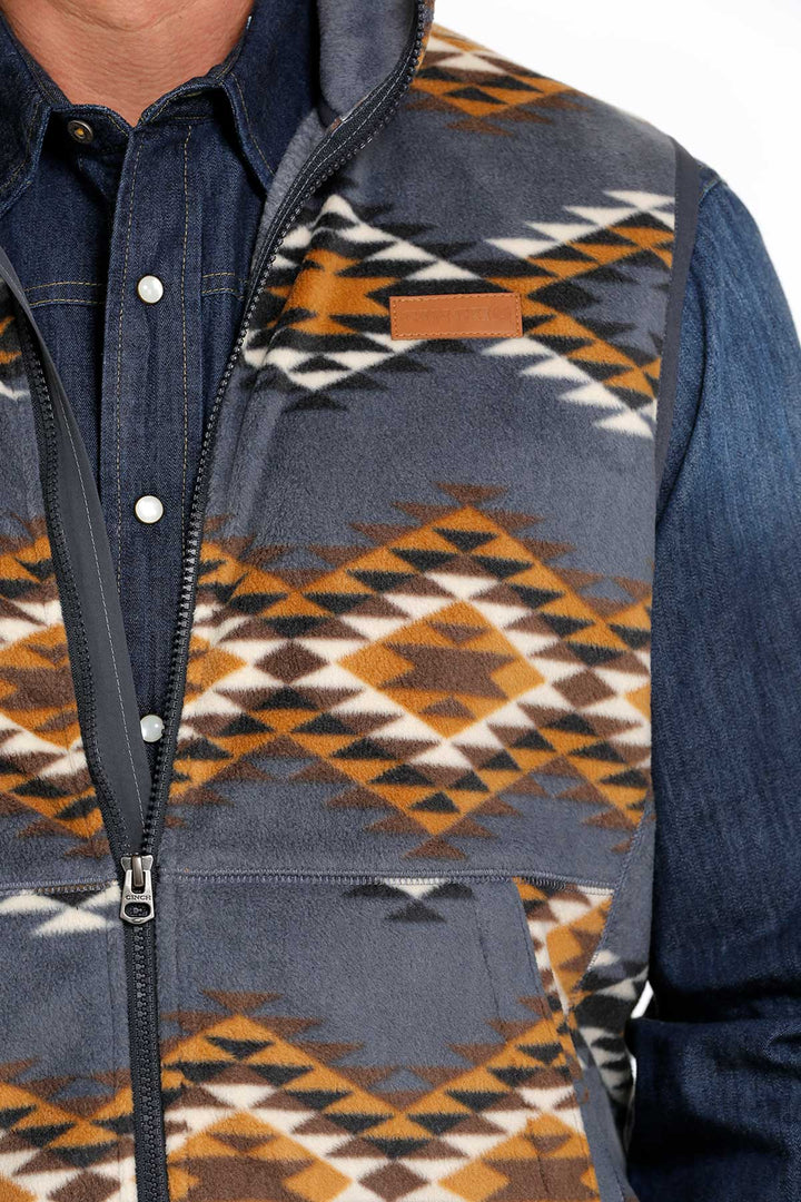 close detail print and pocket Cinch | Blue Print Polar Fleece Vest