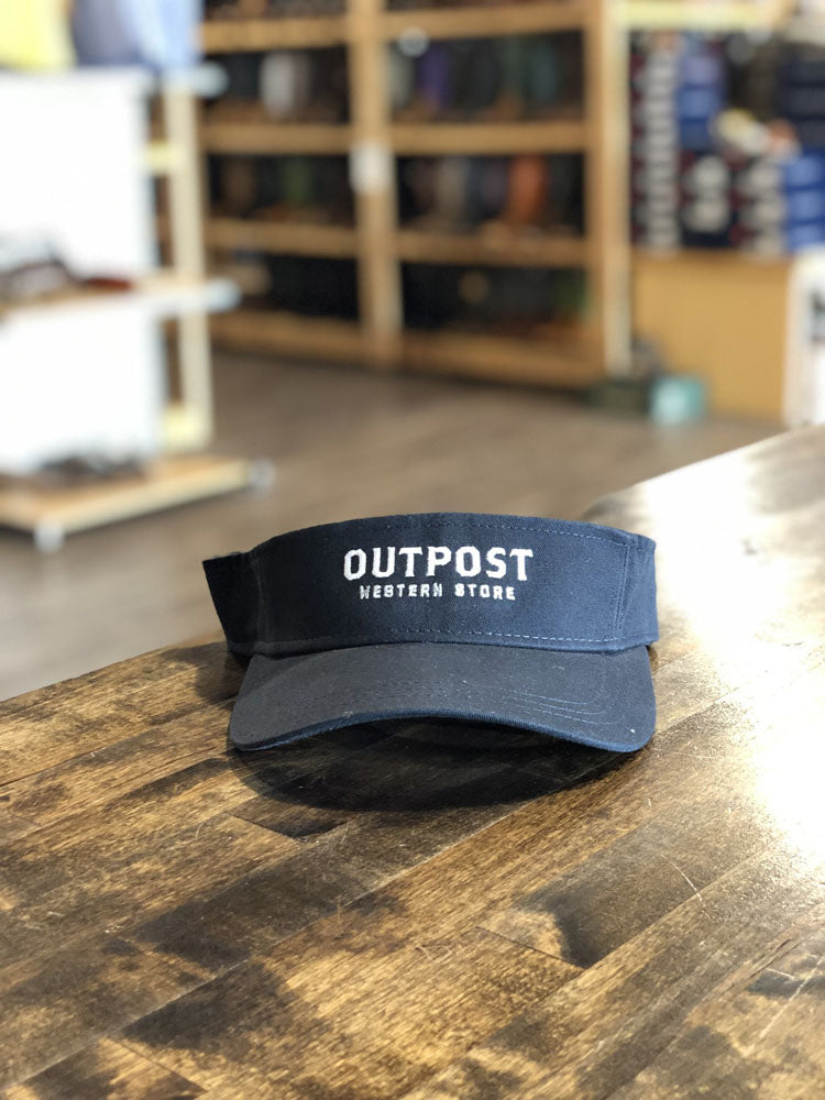 Navy fabric visor with embroidered "Outpost Western Store" in white
