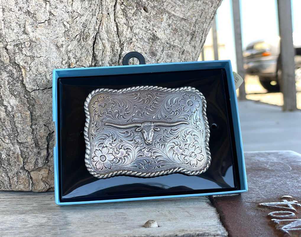 MF Longhorn Floral Rect Buckle Antq Silver Adult