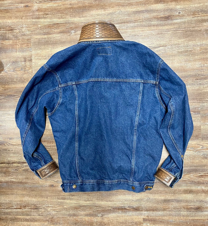 Back view Wrangler | Custom Cedar Ridge Leather Collar/Cuffs RW Denim Jacket