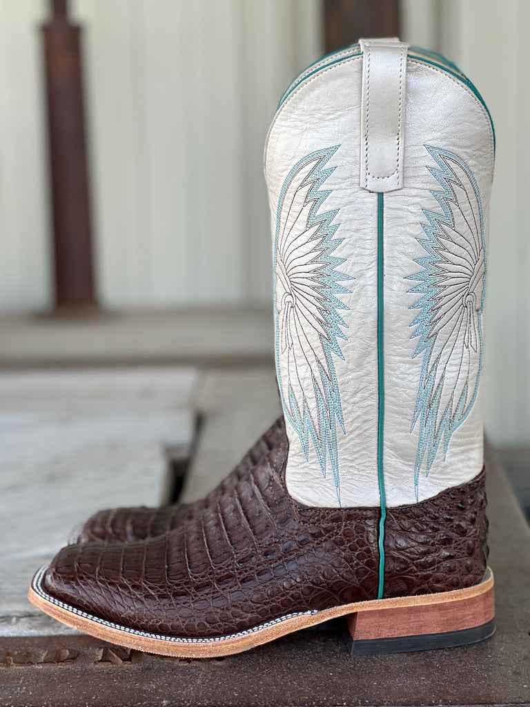 Side View Anderson Bean Chocolate Lux Hornback Caiman Boot
