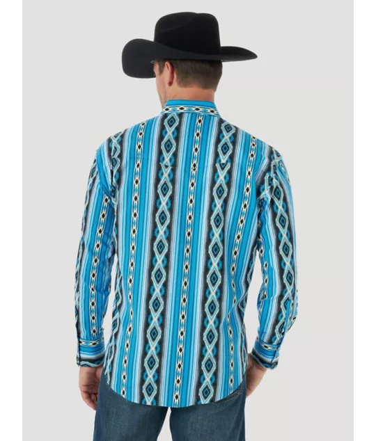 back view Wrangler | Checotah Blue Aztec Print LS Shirt