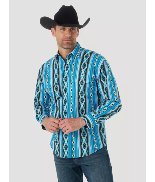 Wrangler | Checotah Blue Aztec Print LS Shirt